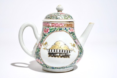 A Chinese famille rose teapot with grisaille and gilt medallions, Yongzheng