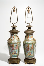 A pair of bronze-mounted Chinese Canton famille rose vases, transformed into lamps, 19th C.
