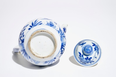 A Chinese blue and white covered jug with birds among flowers, Kangxi