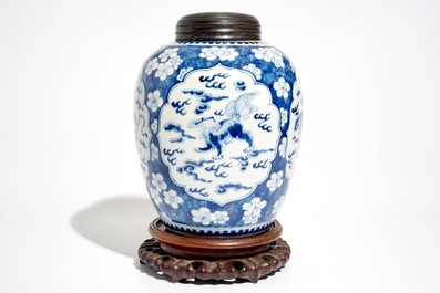 A Chinese blue and white jar with Buddhist lions, Kangxi