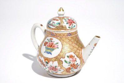 A Chinese famille rose teapot with floral and geometric design, Yongzheng