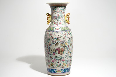 A tall Chinese famille rose vase with an elephant, 19th C.