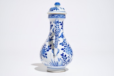 A Chinese blue and white covered jug with birds among flowers, Kangxi
