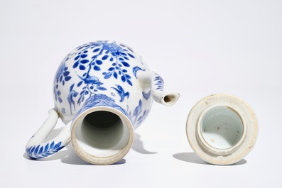 A Chinese blue and white covered jug with birds among flowers, Kangxi