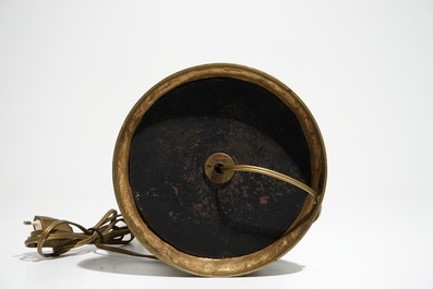 A bronze-mounted Chinese famille verte rouleau vase, transformed into a lamp, 19/20th C.