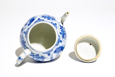 A Chinese blue and white teapot with figurative and floral panels, Kangxi