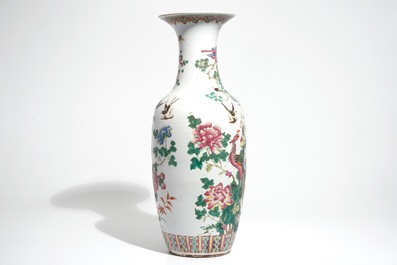 A tall Chinese famille rose vase with pheasants and peacocks, 19th C.