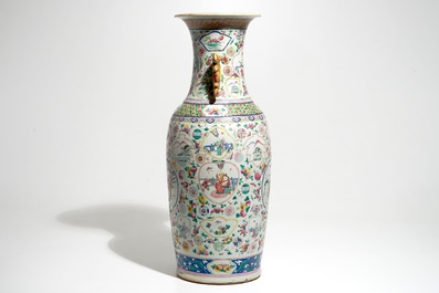 A tall Chinese famille rose vase with an elephant, 19th C.