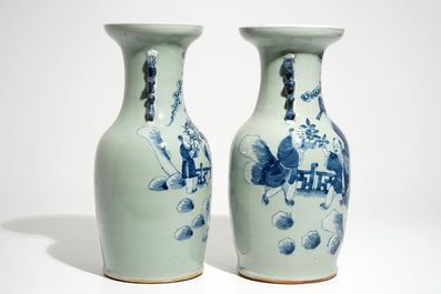 A pair of Chinese blue and white celadon-ground vases, 19th C.