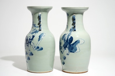 A pair of Chinese blue and white celadon-ground vases, 19th C.