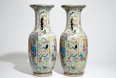 A pair of fine tall Chinese Canton famille rose vases, 19th C.