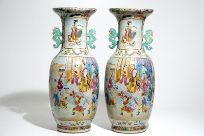 A pair of fine tall Chinese Canton famille rose vases, 19th C.