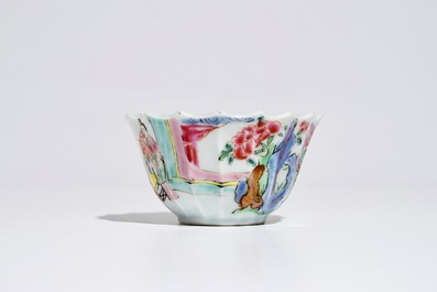 A Chinese lobed famille rose cup and saucer, Yongzheng