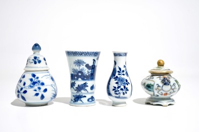 Four Chinese blue and white and famille verte miniature vases, Kangxi and later