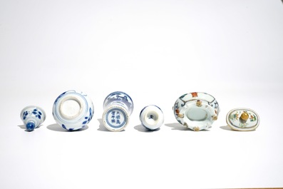 Four Chinese blue and white and famille verte miniature vases, Kangxi and later