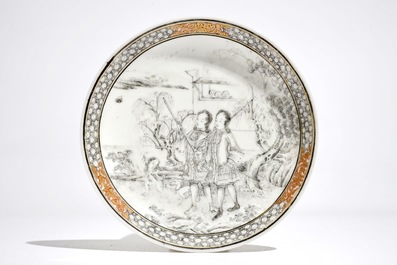 A Chinese grisaille cup and saucer with Europeans, Yongzheng