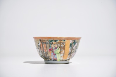 A Chinese famille rose mandarin cup and saucer, Qianlong