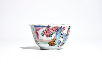 A Chinese lobed famille rose cup and saucer, Yongzheng