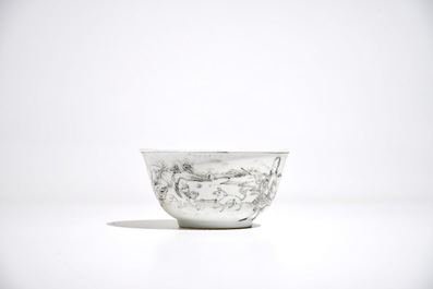 A Chinese grisaille cup and saucer with Europeans, Yongzheng