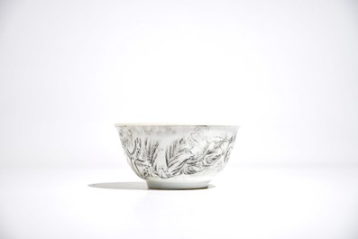 A Chinese grisaille cup and saucer with Europeans, Yongzheng