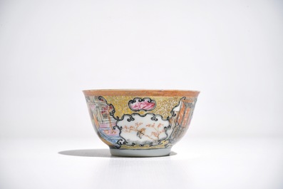 A Chinese famille rose mandarin cup and saucer, Qianlong