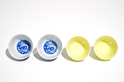 Two pairs of Chinese tea bowls in monochrome yellow and blue and white, 19/20th C.