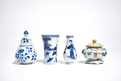 Four Chinese blue and white and famille verte miniature vases, Kangxi and later