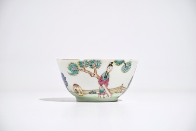 A Chinese famille rose mandarin cup and saucer, Qianlong