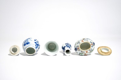 Four Chinese blue and white and famille verte miniature vases, Kangxi and later