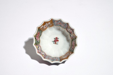 A Chinese lobed famille rose cup and saucer, Yongzheng