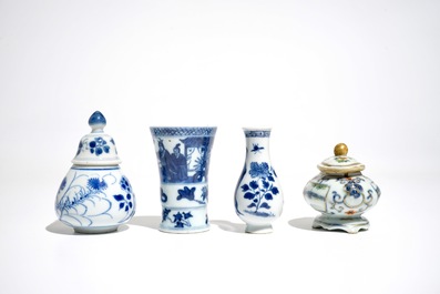 Four Chinese blue and white and famille verte miniature vases, Kangxi and later