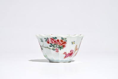 A Chinese lobed famille rose cup and saucer, Yongzheng
