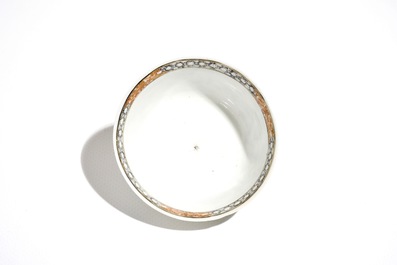 A Chinese grisaille cup and saucer with Europeans, Yongzheng