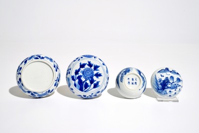 Two Chinese blue and white cylindrical seal paste boxes, Kangxi