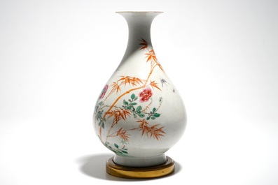 A Chinese famille rose bronze-mounted yuhuchunping vase, Qianlong mark, 19/20th C.