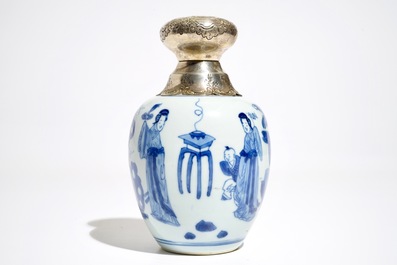 A Chinese blue and white silver-mounted tea caddy, Kangxi