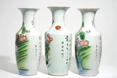 A pair of Chinese famille rose vases with goats and one with roosters, 20th C.