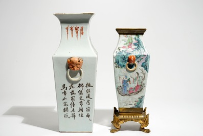 A square Chinese qianjiang cai vase marked Zhou Xiao Song and a bronze-mounted famille rose vase, 19/20th C.