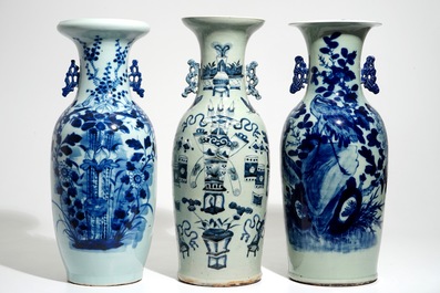 A pair of Chinese famille rose vases and four celadon-ground vases, 19/20th C.