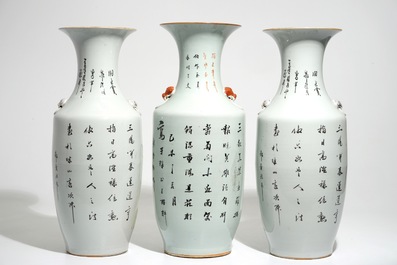 A pair of Chinese famille rose vases with goats and one with roosters, 20th C.