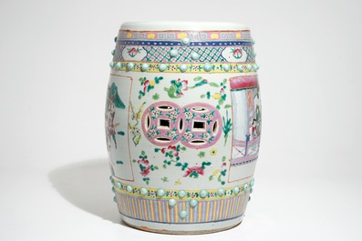 A Chinese famille rose garden seat with warriors, 19th C.