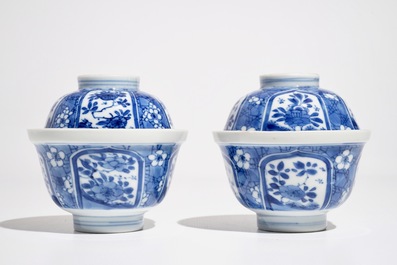 Een paar Chinese blauwwitte dekselkommen, Kangxi