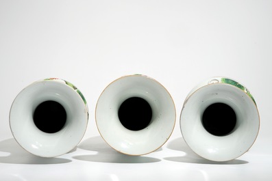A pair of Chinese famille rose vases with goats and one with roosters, 20th C.