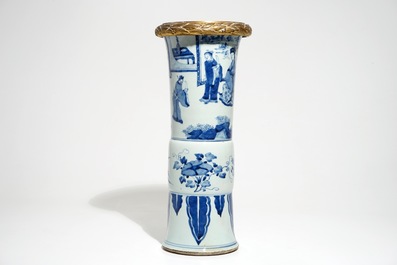 A Chinese blue and white bronze-mounted gu vase, Kangxi