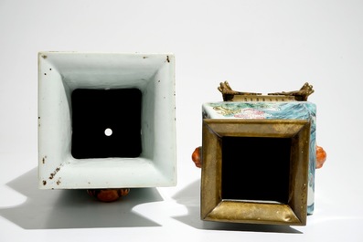 A square Chinese qianjiang cai vase marked Zhou Xiao Song and a bronze-mounted famille rose vase, 19/20th C.