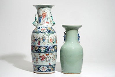 A tall Chinese famille rose vase and a celadon-ground vase, 19th C.