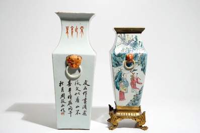 A square Chinese qianjiang cai vase marked Zhou Xiao Song and a bronze-mounted famille rose vase, 19/20th C.
