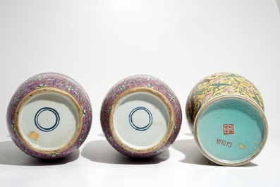 A pair of Chinese famille rose vases and a yellow-ground dragon vase, 19/20th C.