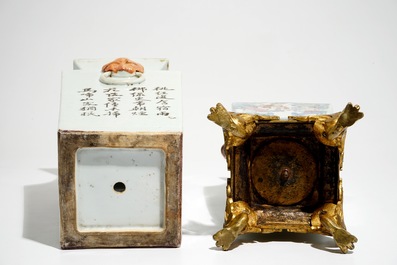 A square Chinese qianjiang cai vase marked Zhou Xiao Song and a bronze-mounted famille rose vase, 19/20th C.
