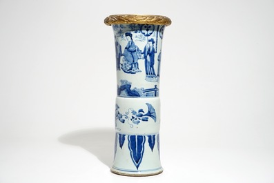 A Chinese blue and white bronze-mounted gu vase, Kangxi
